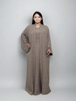 LM038 Ensemble Abaya trois pièces avec ceinture Cardigan ouvert texturé en crêpe froissé avec poche intérieure de ceinture Robe islamique