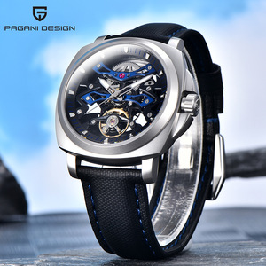 Reloj mecánico Skeleton para hombre, acero inoxidable, 14mm, esfera de cristal resistente al agua, correa de cuero de vaca PD-YS017 - Product Image 2