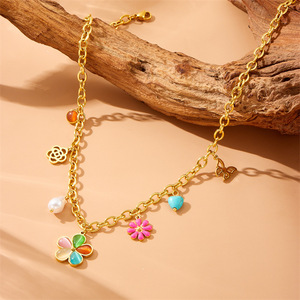 Colorful Resin Petal Daisy Hollow Butterfly Pearl Heart Charm Stainless Steel Necklace Gift Fashion Pendant - Product Image 2