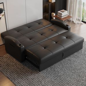 Foldable Genuine Leather Sofa <b>Bed</b> Two In One Multifunctional Design Pull Out Double Leather Couch For Small Apartment And Office - Product Image 1