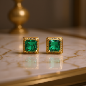 Orecchini classici placcati in oro con cristalli verdi quadrati per donna, gioielli con montatura a griffe in lega di zinco da indossare tutti i giorni - Product Image 2