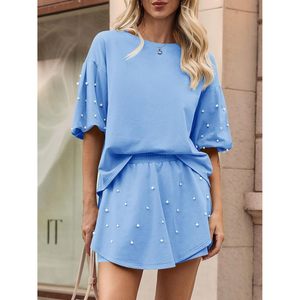 Ensemble de salon d'été pour femmes, 2 pièces, décor perlé, haut à manches courtes bouffantes, jupe-short décontractée - Product Image 4