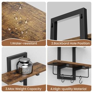 Étagères murales <span class=keywords><strong>de</strong></span> cuisine rustiques en bois à 2 niveaux, support <span class=keywords><strong>de</strong></span> rangement mural industriel flottant avec 6 crochets pour organiser les ustensiles - Product Image 3