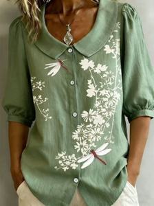 Blus Wanita Vintage Sederhana Motif Bunga Cat Air Kerah Peter Pan Lengan 3/4 Kemeja Kasual Panjang untuk Musim Semi & Musim Panas - Product Image 4