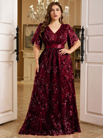 Robe de soirée formelle d'été à coupe aléatoire, taille plus, élégante, col en V, manches mi-bouffantes, sequins brodés, motif floral, coupe trapèze, avec ceinture