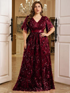 Robe de soirée formelle d'été à <span class=keywords><strong>coupe</strong></span> aléatoire, taille plus, élégante, col en V, manches <span class=keywords><strong>mi</strong></span>-bouffantes, sequins brodés, motif floral, <span class=keywords><strong>coupe</strong></span> trapèze, avec ceinture - Product Image 5