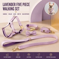 Großhandel Lavendel Hundegeschirr 5-teiliges Spazier-Set Verstellbare Anti-Zug-Weste Halsband Leine Fliege Baumwolle Schnellverschluss