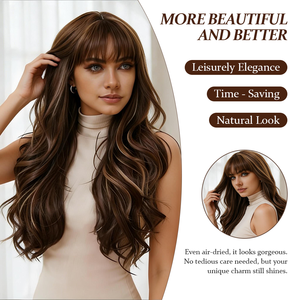 Peluca <span class=keywords><strong>de</strong></span> Encaje Completo Sintética Ondulada Larga Marrón Oscuro con Flequillo, Precio Mayorista <span class=keywords><strong>de</strong></span> Fábrica, Cabello <span class=keywords><strong>Natural</strong></span> para Mujer, Resistente al Calor - Product Image 4