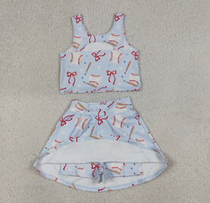 Ensembles de vêtements pour bébés filles, avec nœuds, motifs baseballs et softball, hauts, jupes, shorts, pour le yoga et les activités sportives, à bords festonnés - Product Image 2