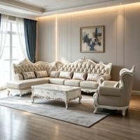 Ensemble de canapés en cuir et bois massif sculpté de style classique européen, mobilier de salon de luxe de style français, vente en gros pour villas et hôtels OEM ODM