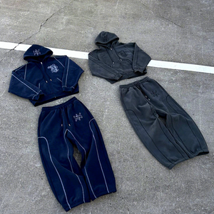 Ensemble sweat à capuche vintage jogger survêtement lourd en polaire pour hommes sweat à capuche zippé broderie logo couture inversée - Product Image 1