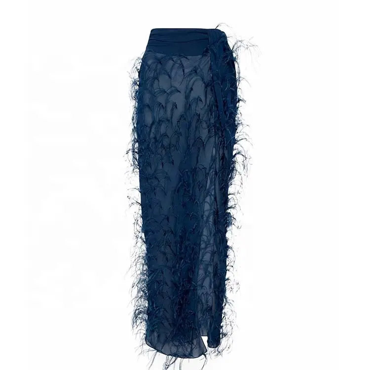 Jupe longue de luxe personnalisée de haute qualité avec plumes pour femme