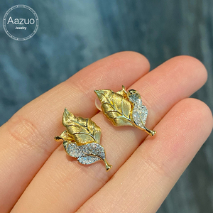 Aazuo, joyería Vintage de 18K, oro amarillo macizo, diamantes naturales auténticos, pendientes con forma de hoja a la moda, regalo para mujeres, fiesta de boda, AU750 - Product Image 1