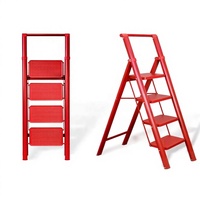 Curated Selection 4 Step Red Wide Nonslip Pedal Easily Stored Foldable Steel <strong>Ladder</strong> with Handrail 150kg EN 131 for Coatroom