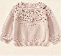 Pull en coton tricoté pour enfants, filles, hiver, OEM ODM, écologique, avec fleurs 3D au crochet faites à la main, manches longues ajourées et bord festonné