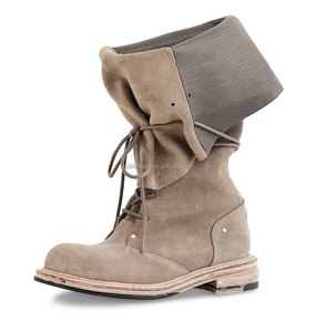 Botas Largas de Mujer, de Moda, de Piel de Becerro de Alta Calidad, con Efecto Desgastado, Negras, hasta la Rodilla, de Lujo, con Hebilla y Correa, de Piel, Holgadas, con Cordones - Product Image 2