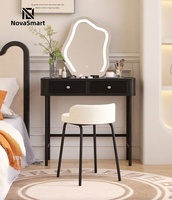 Ensemble coiffeuse nordique en rotin avec miroir LED et tabouret rembourré en fausse fourrure, bureau de maquillage d'angle pour femmes