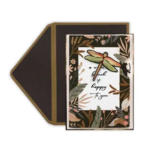 Nuevas tarjetas de felicitación de cumpleaños hechas a mano con libélula giratoria de lámina de oro creativa con impresión personalizada de sobre