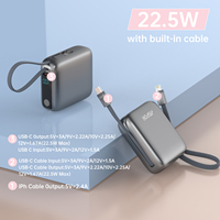 ASPOR A378 22.5W Chargeur portable ultra-fin à charge rapide 10000mAh avec câbles USB-C et Lightning intégrés pour téléphone mobile
