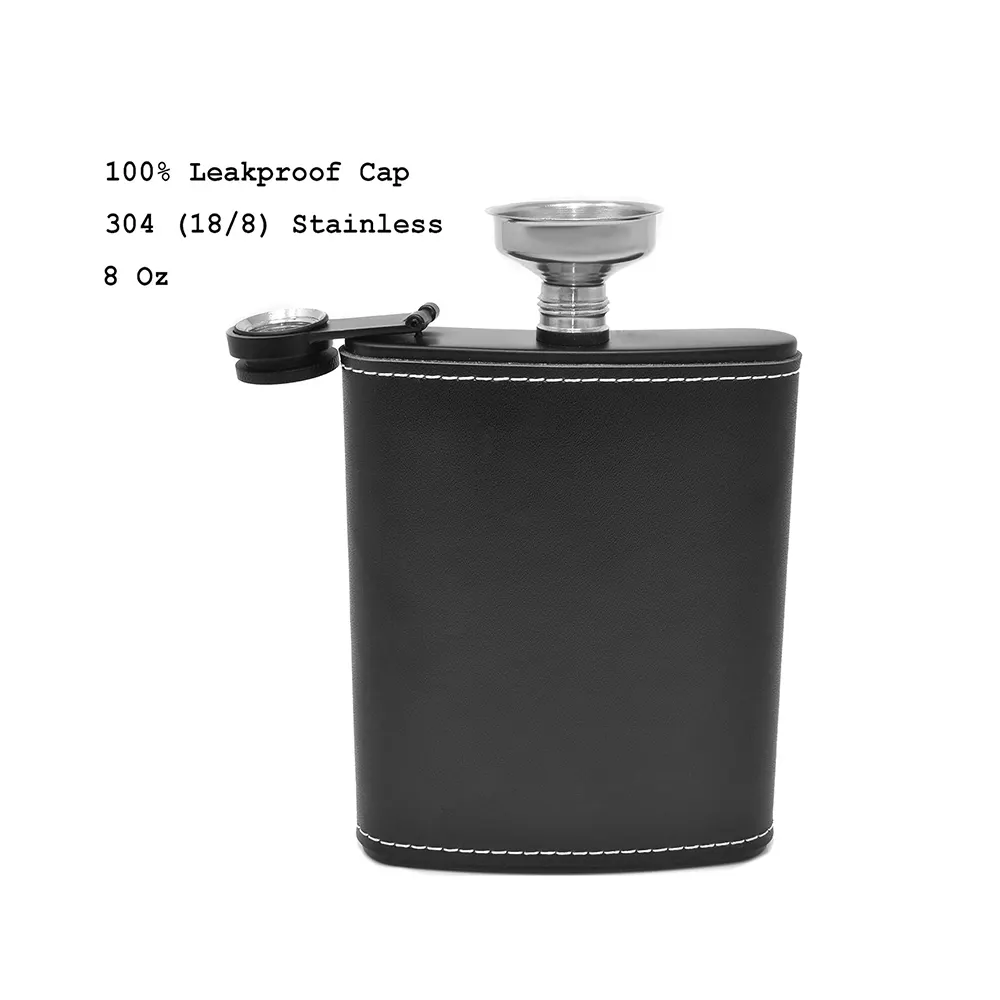 Wholesale Mini 304 Stainless Steel Hip Flask Custom Logo Whisky Flask with PU or Genuine Leather for Liquor Storage