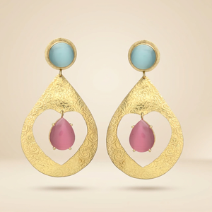 Boucles d'oreilles pendantes en pierre précieuse bleu clair en forme de goutte d'eau dorée, tourmaline rose, plaqué or hydro, ethniques, faites à la main - Product Image 2
