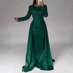 Evening Gown Long Sleeve <b>Sequined</b> Sweetheart Neckline Natural Waist Satin <b>Skirt</b> Formal Party Dress Women - Product Image 4