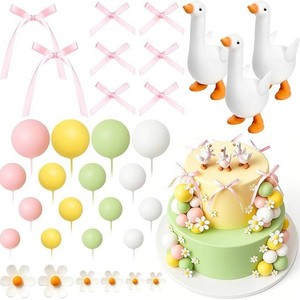 Set Decorazione Torta Oca 41 Pezzi, Fiocco Rosa, Nastro in Raso, Palloncino a Margherita, Forniture per Feste di Compleanno e Baby Shower a Tema Fattoria in Tonalità Pastello - Product Image 3