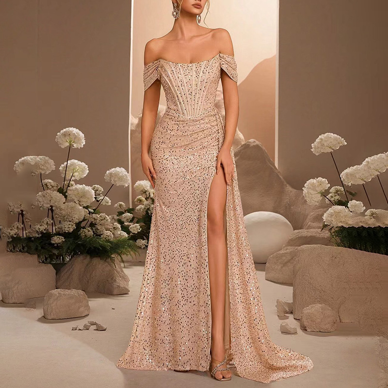Champagne Gold Bronzing Off-Shoulder Tight Waist French Side Long Dress 2026 Summer New Women's Dress| Alibaba.com Champagne Gold Bronzing Off-Shoulder Tight Waist French Side Long Dress 2026 Summer New Women's Dress| Alibaba.com