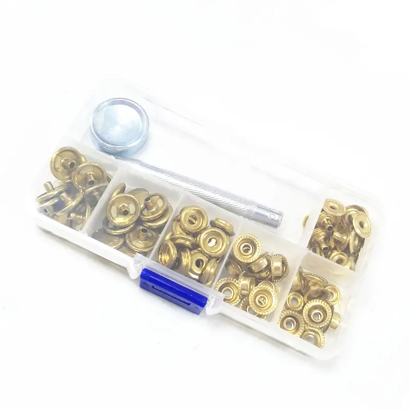 brass snap button 25 sets in a storage plastic box with tools golden eco-friendly for clothes and bags 1.3 CM for the cap 203#