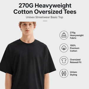 เสื้อยืดคอกลมโอเวอร์ไซส์ผ้าฝ้ายแท้ 100% หนัก 270gsm สีพื้น ทรงหลวม ไหล่ตก สำหรับผู้ชาย สไตล์ลำลอง  แบบเรียบๆ สำหรับสกรีนลาย - Product Image 4
