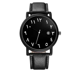 男女通用穆斯林设计师定制标志阿拉伯数字表盘手表黑色皮革表带日期阿拉伯手表