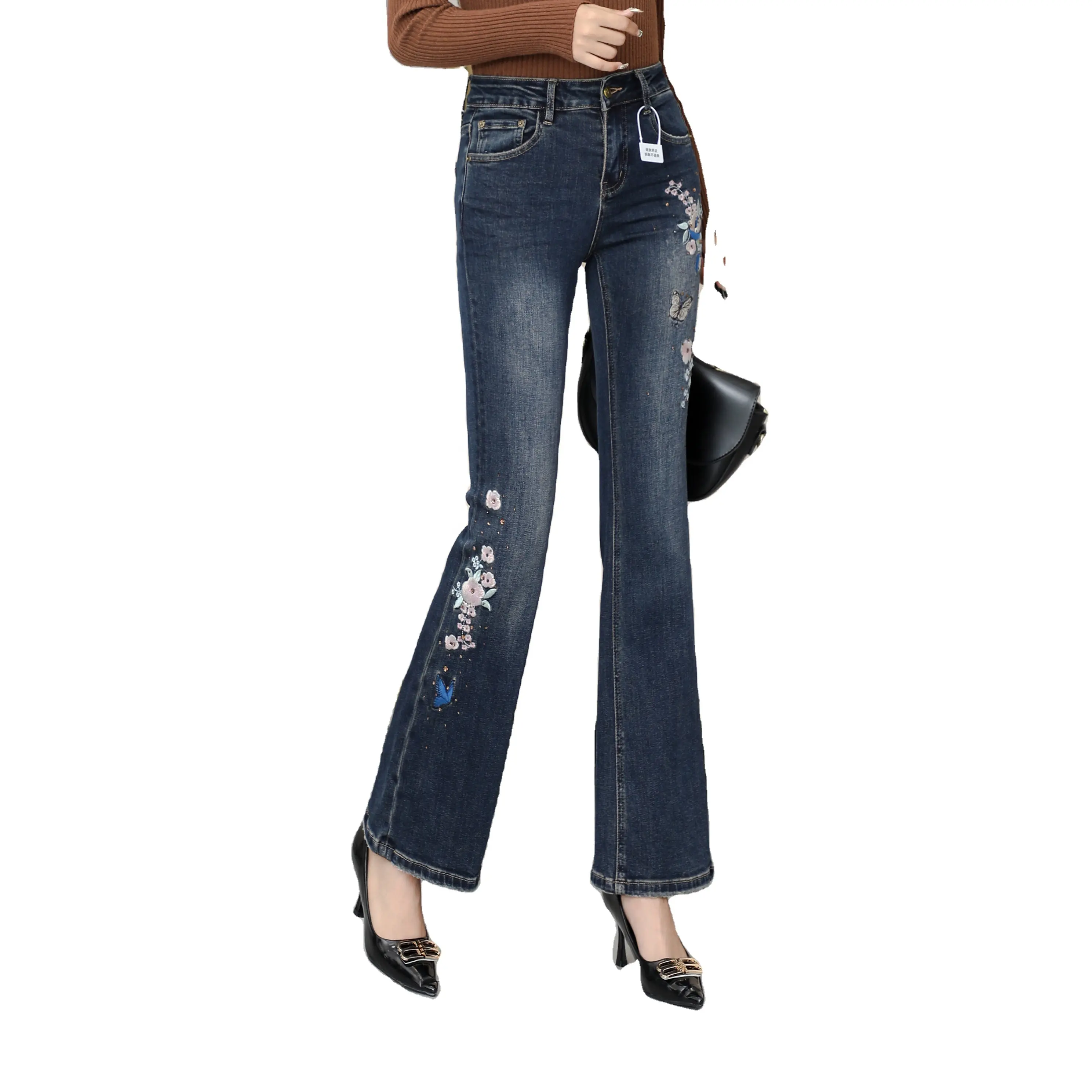 Damen Jeans Flare Bell Boden lässig OEM-Service Digitaler Druck gestrickter Denim hoch für Damen individuell modische Damen