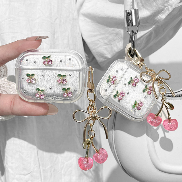 Korean Style Transparent Glitter Silver Bead Earphones case for AirPods 1/2 With Cherry Bowknot Pendant Protect Cover Wholesale