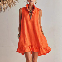 Robe midi décontractée d'été pour femme grande taille, sans manches, avec demi-zip et ourlet à volants, style ligne A, pour dropshipping Shopify