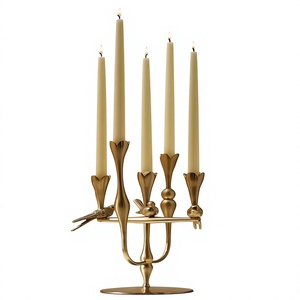 Gold Brass 5 Arm <b>Candelabra</b> with Bird Decorative Detail Taper Candle Holder Stand Home Decor - Product Image 1