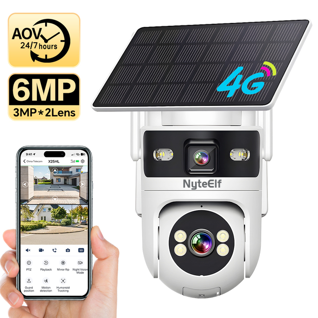 Hieasy HD 6MP 12X Zoom Security Camera 360 Auto Detection Dual Lens Dual Screen Wifi 4G Solar Three PTZ Camera