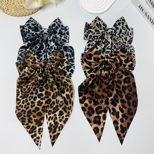 Vintage Leopard Print Big <b>Bow</b> Hair <b>Clip</b> Long Floating Ribbon Spring Barrette Women Temperament Versatile Daily Hair Accessory - Product Image 2
