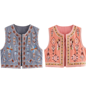 Chaleco Corto sin Mangas para Mujer, Estilo Bohemio Vintage, Bordado, con Estampado Floral, Cuello Redondo, Abertura Frontal, Tejido a Mano, Ecológico - Product Image 1