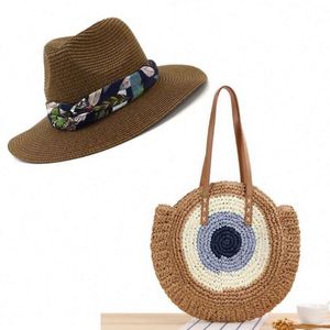 Conjunto de Sombrero Fedora de Paja Redondo con Lazo y Bolso de Paja, Sombreros de Paja Panamá Naturales para el Verano 2021, Sombrero de Playa para Mujer, Modelo KT-2850 - Product Image 3