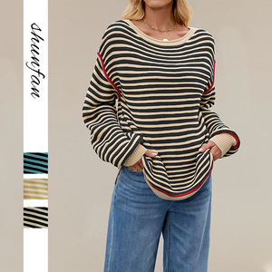 2025 <span class=keywords><strong>Vintage</strong></span> rayé haut tricoté pour femmes européen américain automne hiver vente chaude à manches longues <span class=keywords><strong>pull</strong></span> col ample <span class=keywords><strong>pull</strong></span> - Product Image 2