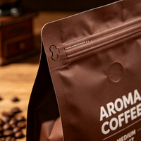 Sachet de café personnalisé à fond plat, refermable avec fermeture éclair, en aluminium, avec valve de dégazage unidirectionnelle, pour l'emballage des grains torréfiés