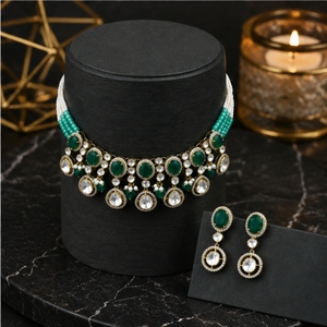 Elegant 925 <b>Silver</b> Necklace and Earrings Set with Green and White Beads Traditional Indian Bridal Jewelry for Women - Product Image 3