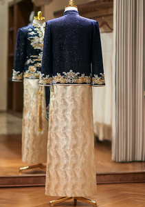 Costume de Mariage Traditionnel Chinois pour Homme, Broderie en Satin Jacquard, Bloc de Couleurs, Col Mandarin, Fermeture Éclair, <span class=keywords><strong>Tenue</strong></span> de Cérémonie, Vente en Gros - Product Image 3