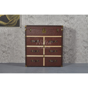 Vintage Brown Genuine Leather Aviator <strong>Storage</strong> <strong>Trunk</strong> Cabinet Side Table Chest Cabinet Industrial Aviator File <strong>Furniture</strong> - Product Image 3