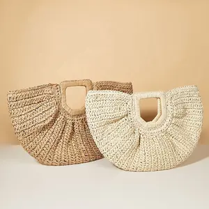 2023 Wholesale Bohemian Top Handle Paper Straw Bags Summer Beach Handbag helf moon retro casual wooden handle straw handbag