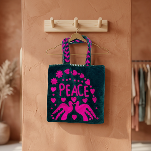 Sac fourre-tout en velours fait main avec broderie rose « Peace », 18x18 pouces, sac à bandoulière bohème doublé en coton - Product Image 1