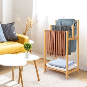 Porte-serviettes et étagère vintage autoportant en bambou et bois à 3 niveaux, pour piscine et salle de bain - Product Image 6
