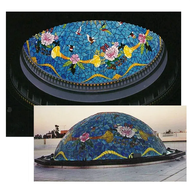 모란 꽃과 새 패턴 채광 수제 티파니 스테인드 글라스 돔 채광창 창 화려한 스테인드 글라스 돔 지붕
