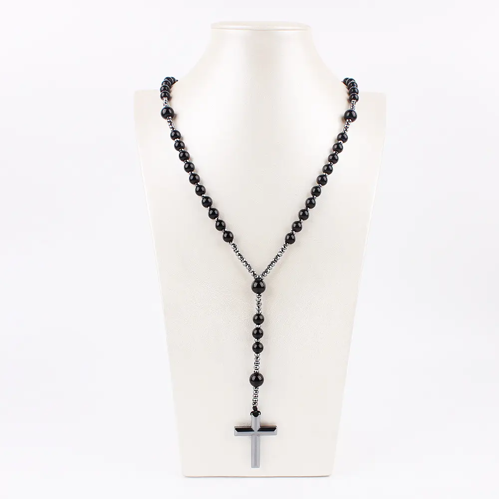 Gioielli in pietra naturale occhio di tigre collana di perline rosario con ciondolo croce in argento cattolico di cristallo nero
