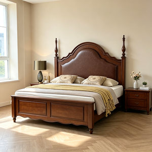 New Arrival Arched Brown Leather Upholstered Four Poster Solid Wood Bed with Carved Leg Nightstands - Product Image 4